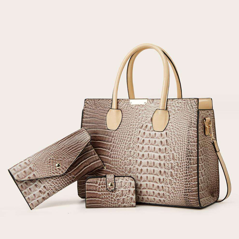 Women's fashion versatile crocodile texture gradient three piece set large capacity one shoulder cross body handheld tote bag