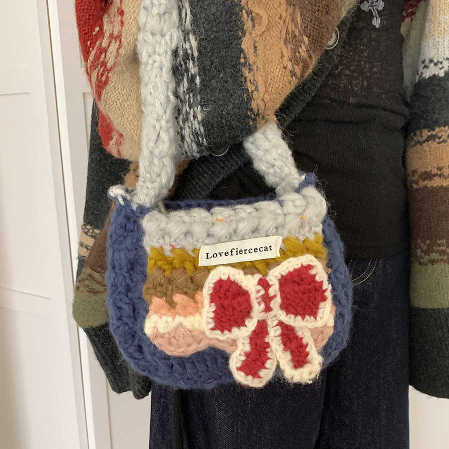 2025 Autumn Korean Sweet Knitted Bow Yarn Women's Handbag Autumn/Winter New Cute Knitted Crossbody Bag Women's Crossbody Bag Designer Bag Wo