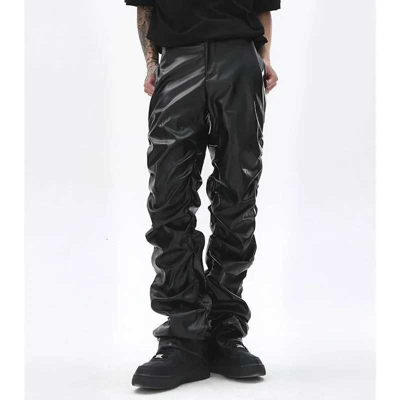 Hip Hop Mens Pleated PU Leather Pants Harajuku Retro Streetwear Loose Ruched Casual Trousers Straight Solid Color Black Pants W250819