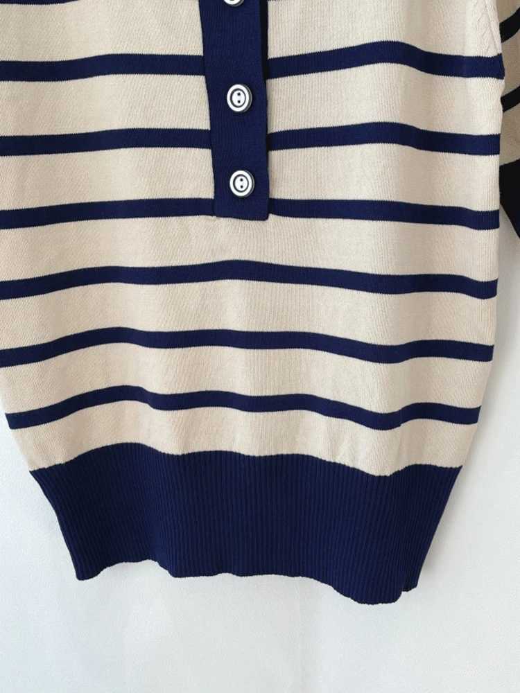 Korean Fashion Women Tops Striped Button Turn-Down Collar Knitted Sweater Short Sve Ice Silk Pullover Fe Sueters De Jer XJ250819