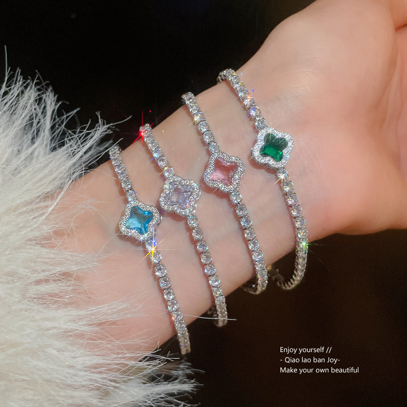 Silver Tone Clover - Shaped Blue Stone Bracelet With Crystal Accents Elegant Daily And Party Wear Gift For Her High Quality And Stylish Jewelry