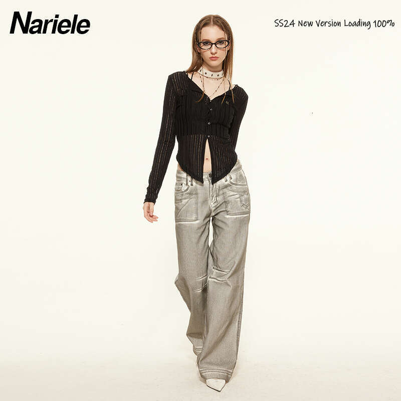 Pure Desire Style V-Neck Ribbed Long Sleeve Knitted Cardigan For Women Spring Thin Slim Fit T-Shirt Trendy B3