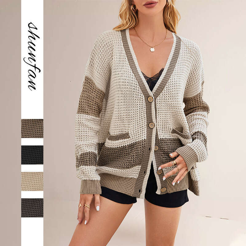 Women's Autumn Winter New Knitted V-Neck Plus Size Pocket Color Block Cardigan Jacket B5