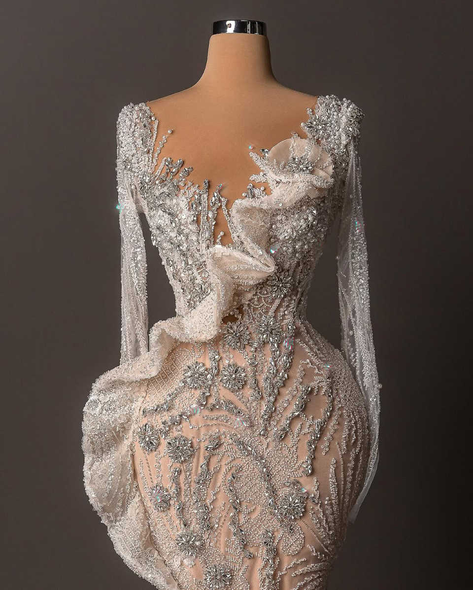 Customized Mermaid Crystal Evening Dress Long Sleeve Lace Appliques Prom Gowns Beadeds Sequins Formal Occasion Dresses