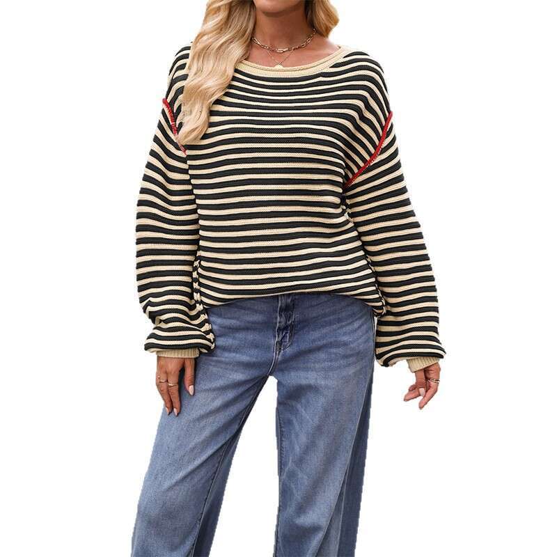 New Autumn Winter Sweater Women's Clothing Popular Striped Top Round Neck Pullover Loose Long Sleeve B3