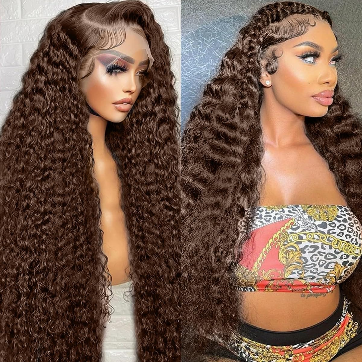 30 Inch Chocolate Brown Deep Wave Lace Front Wigs 220 Density 13x6 HD Lace Frontal Wig Curly Human Hair Pre Plucked Wig for Women Brown Glueless with 