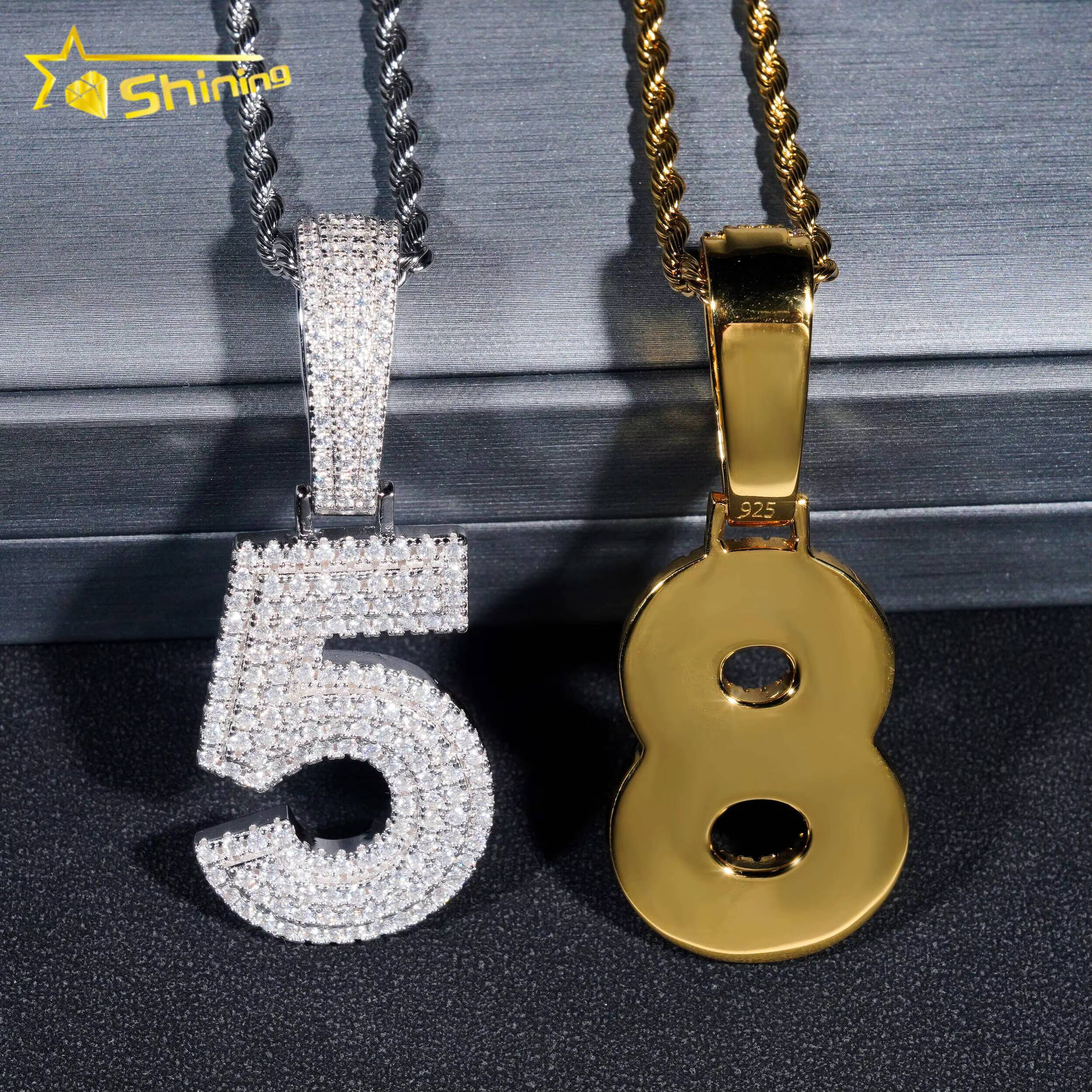 Custom Made Hip Hop Jewelry Necklace Gold Plated S925 Sterling Silver Iced Out Vvs Moissanite Diamond Number Pendant