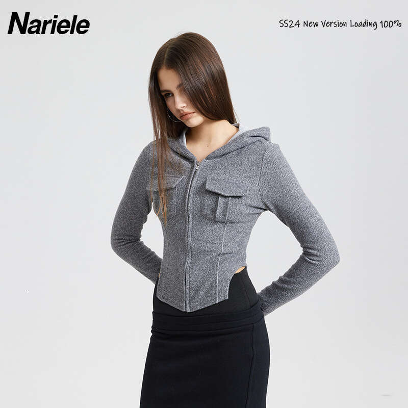 Hot Girl Pocket Decoration 25 Spring New Solid Color Zipper Hooded Slim Fit Long Sleeve T-Shirt For Women B3