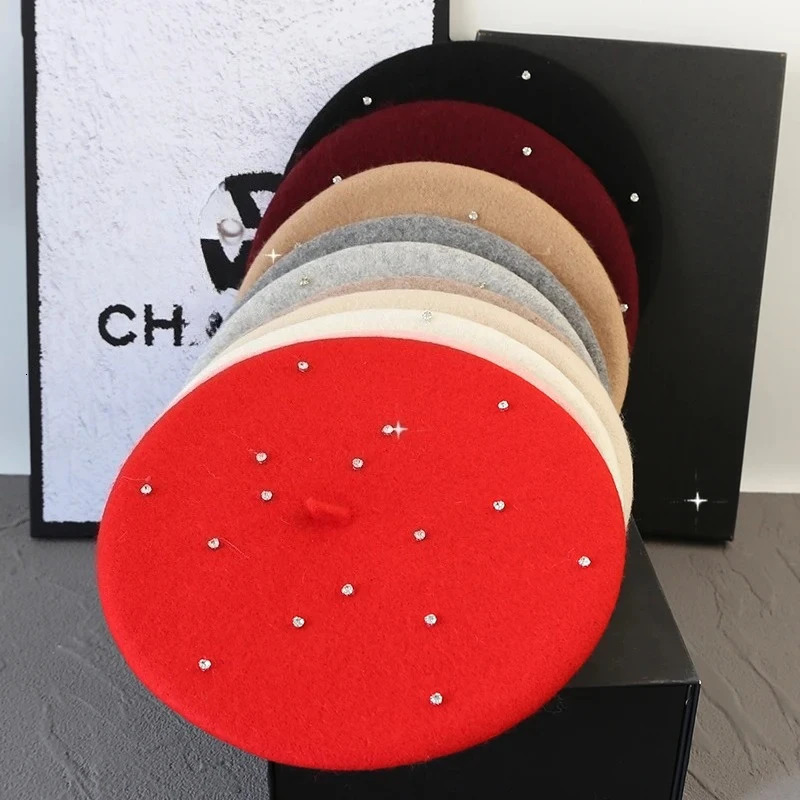 2025 Rhinestone Wool Thick Beret French Beret Artist Painter Autumn Winter Hat Girls Female Warm Walking Cap 250819