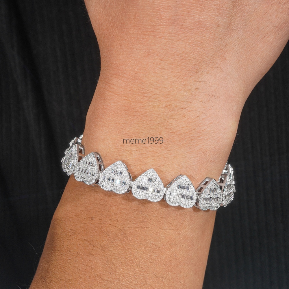 Fashion Design baguette 13mm Heart Bracelet Moissanite Diamond Cuban Link Bracelets