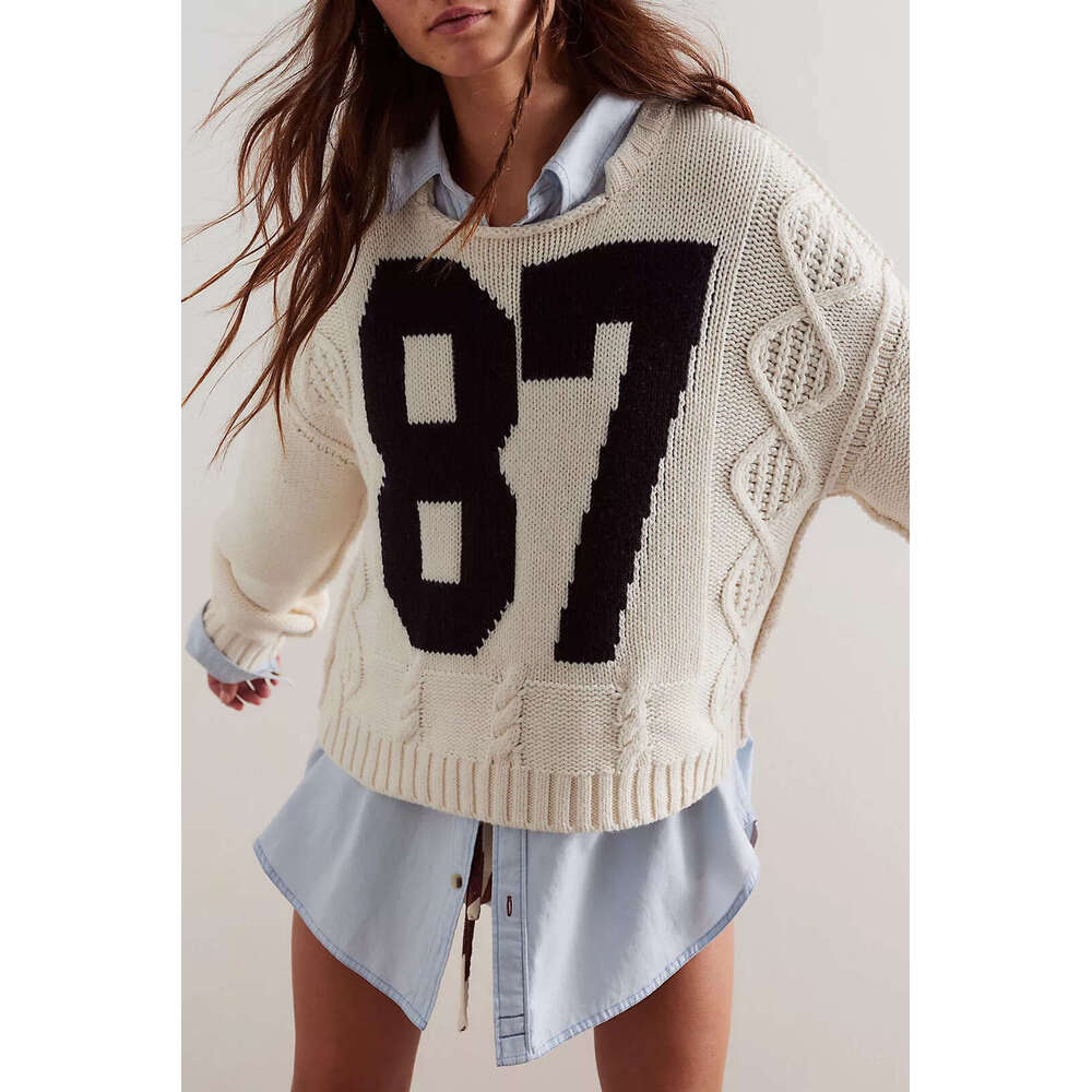 Autumn Winter Long Sleeve Top Women's Digital Color Block Knitted Pullover Loose Sweater B3