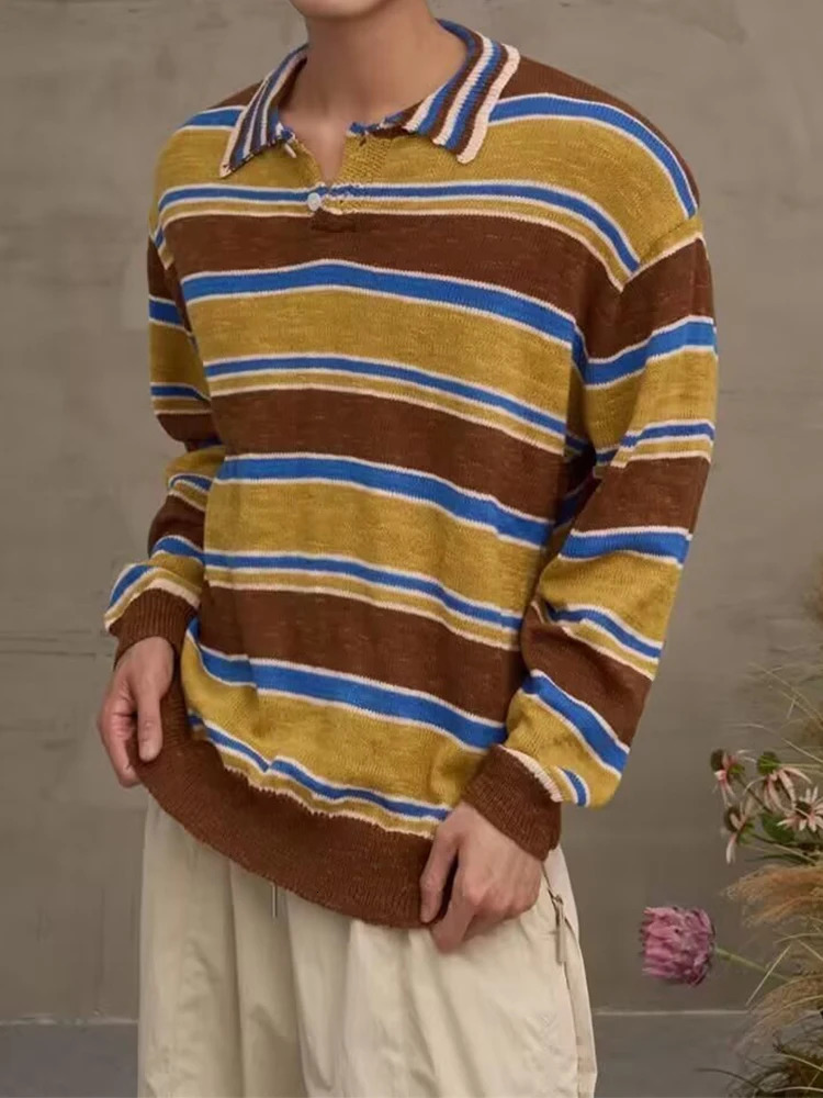 Retro Striped Knitting Polo Shirts For Mens Autumn Casual Lapel Buttoned Patchwork Knit Sweater Polo Shirt Men Long Sleeve Polos 250818