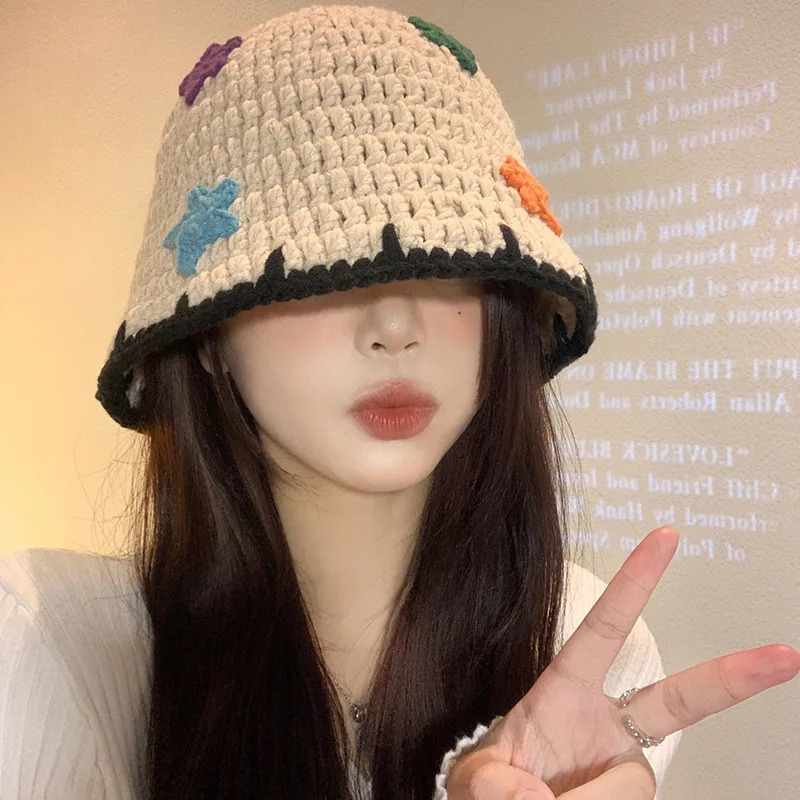 Knitted Fisherman Hat for Women In Autumn And Winter Korean Version Handmade Woolen Hat Big Head Water Bucket Hat 250819
