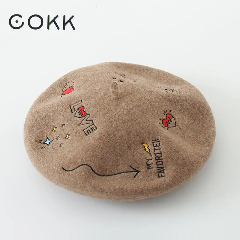 COKK Autumn Winter Hats For Women Lady Wool Beret Artist Painter Cap Embroidery Beret Female England Vintage Boina Feminina 250819