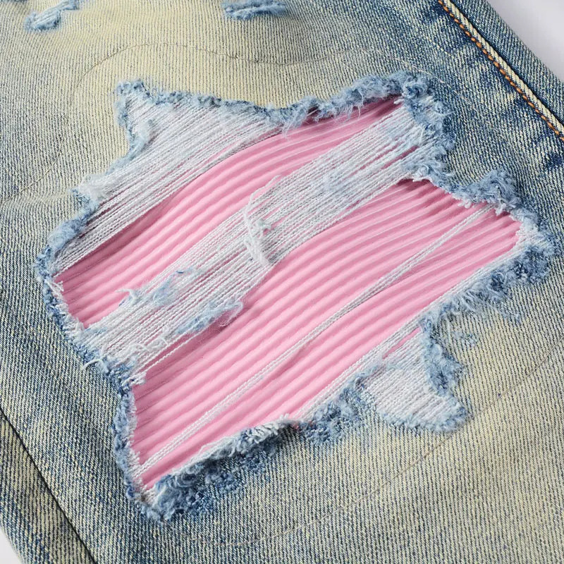 Fashionable jeans with stretch slim fit ripped holes patchwork leather red patches washed with water nostalgic retro 250818