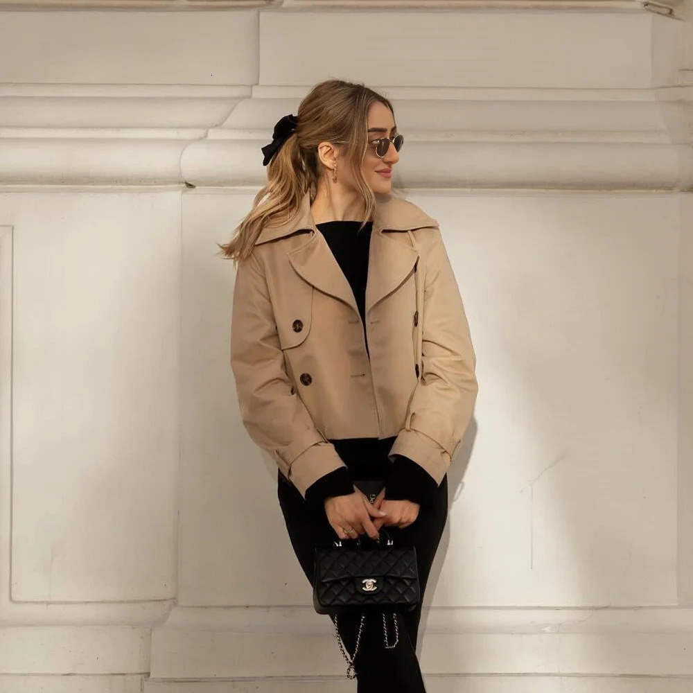 Ladies Vintage Cropped Trench Spring Autumn Jacket Women Streetwear Double Breasted Long Sleeve Top Female Chic Coat Outfits 250818