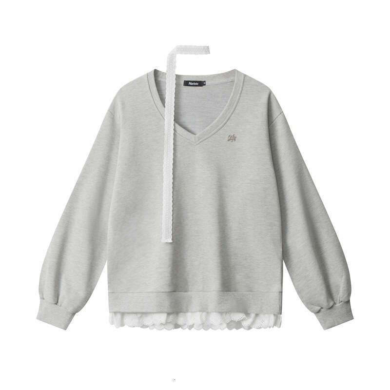 Fake Two-Piece Lace Patchwork Neck Scarf Design Top Women V-Neck Loose Sweatshirt Hot Girl Style B5