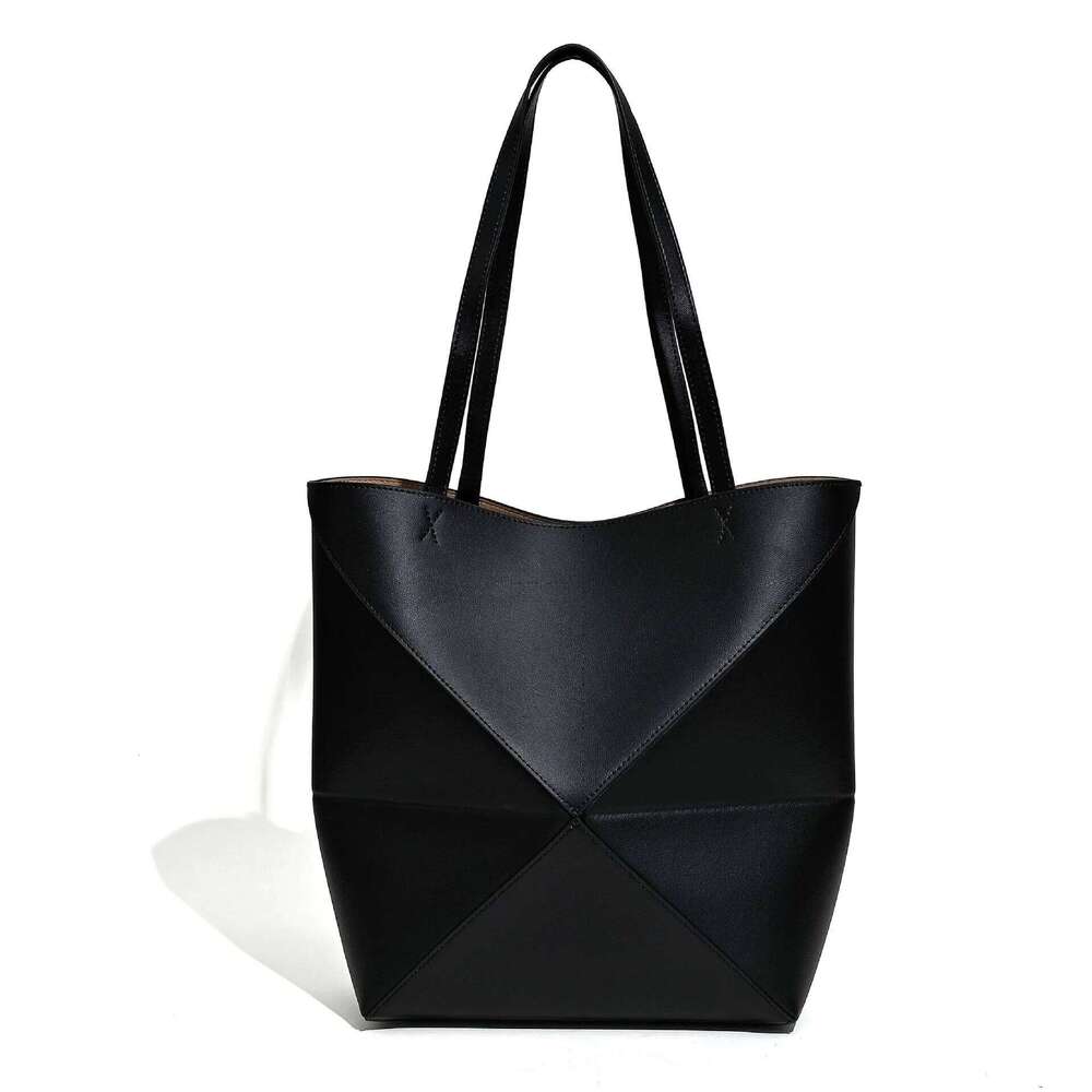 Cowhide Geometric Folding Tote 2025 New Niche Design Genuine Leather Large Capacity Handbag Color Block Women's Shoulder Bag