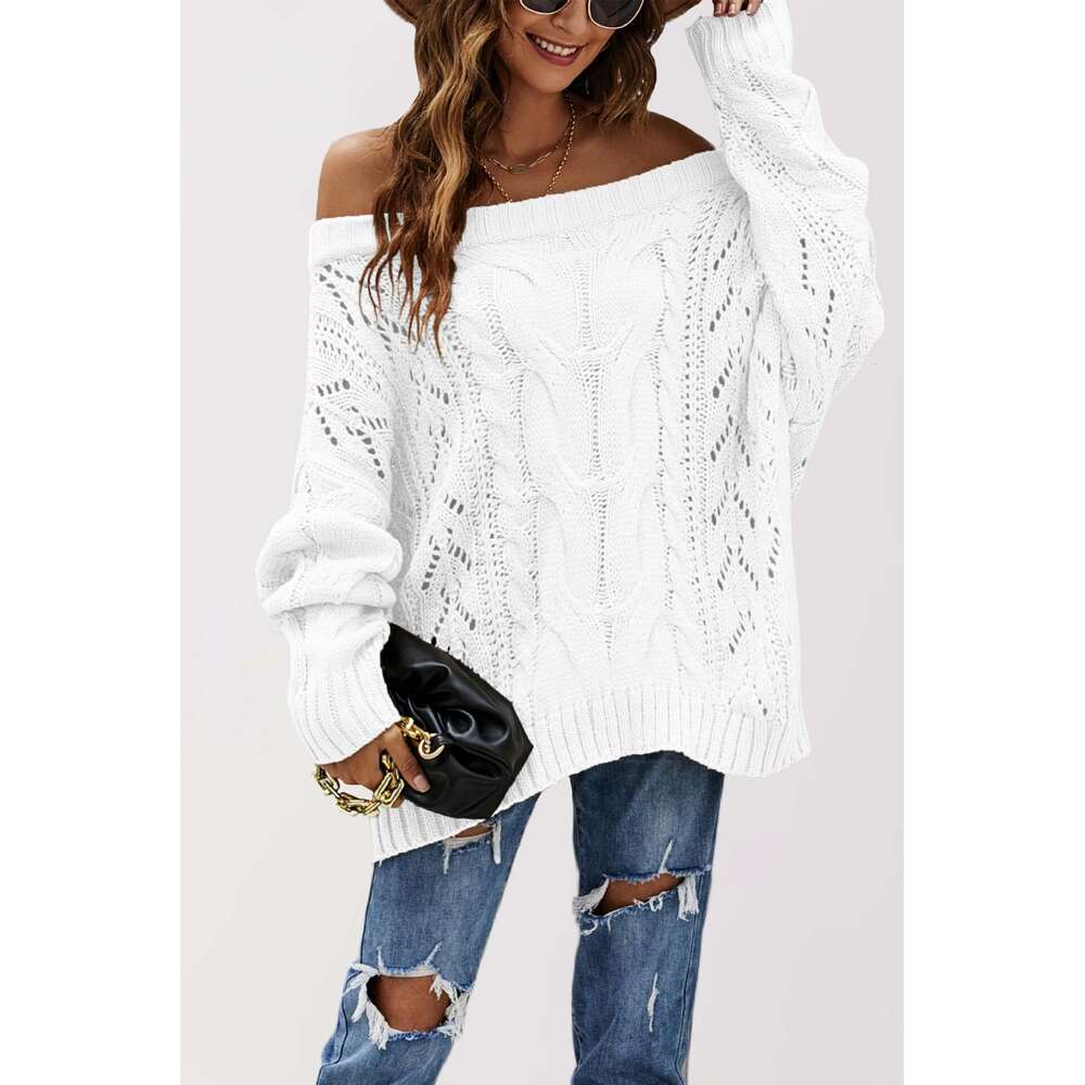 New Autumn And Winter Women's Off-Shoulder Loose One-Line Collar Solid Color Pullover Knitted Sweater B5