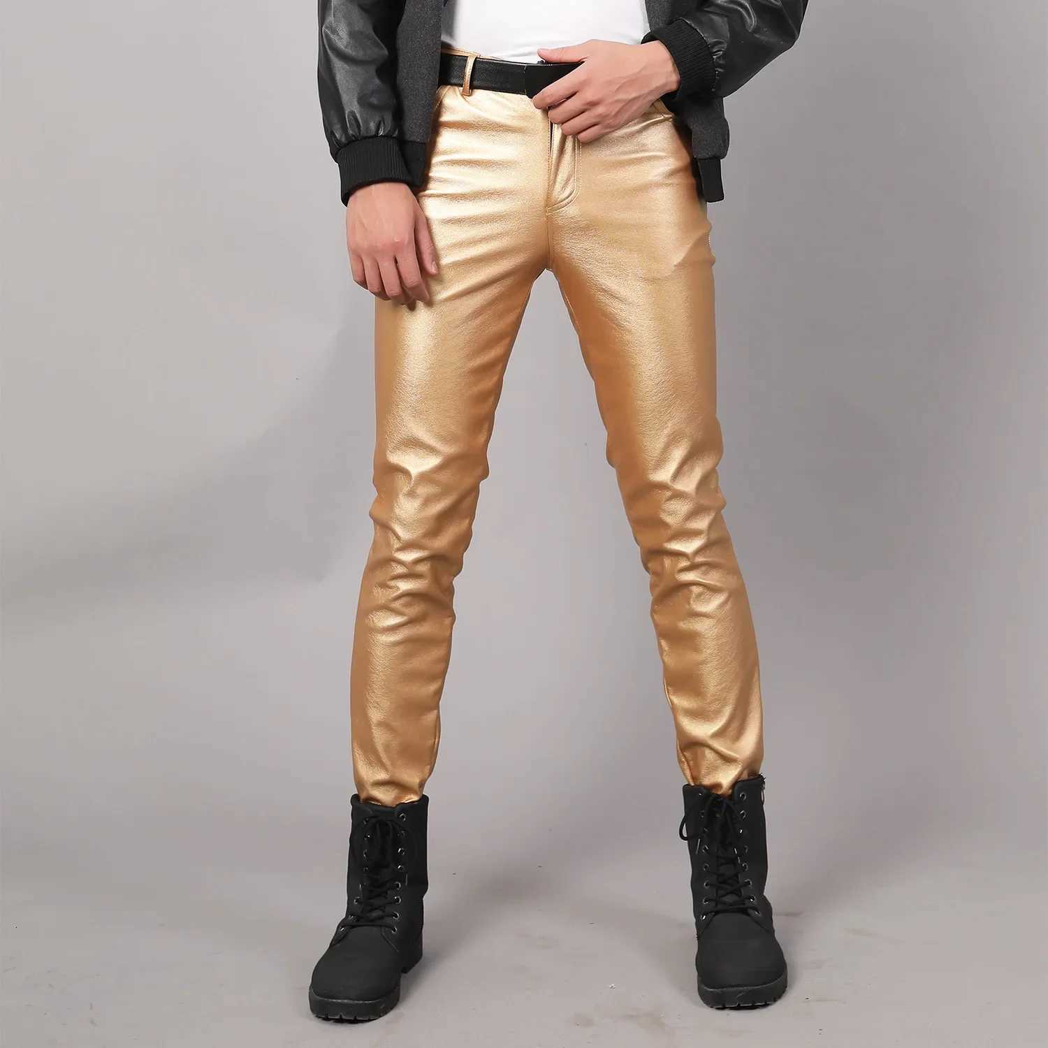 Red Men Moto Skinny Elastic Faux Leather Pants Black Gold White Thin PU Trousers Brand Men Clothing Asian Size 28-40 W250819
