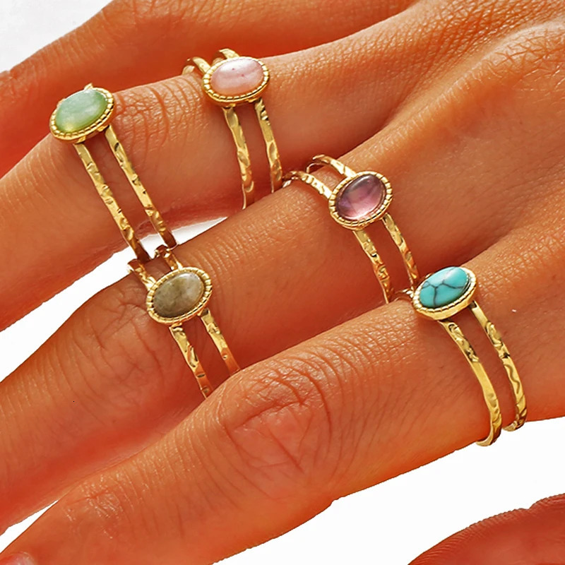 Boho Hollow Turquoise Natural Stone Rings For Women Stainless Steel Adjustable Open Rings Double-Layer Engagement Jewelry Rings 250815