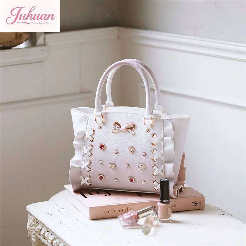 Japanese Cross Lolita Handbags Female Gradual Change Color Rhinestone Gemstone Mine Tie Bow Portable Oblique Span Tote Bags Girl