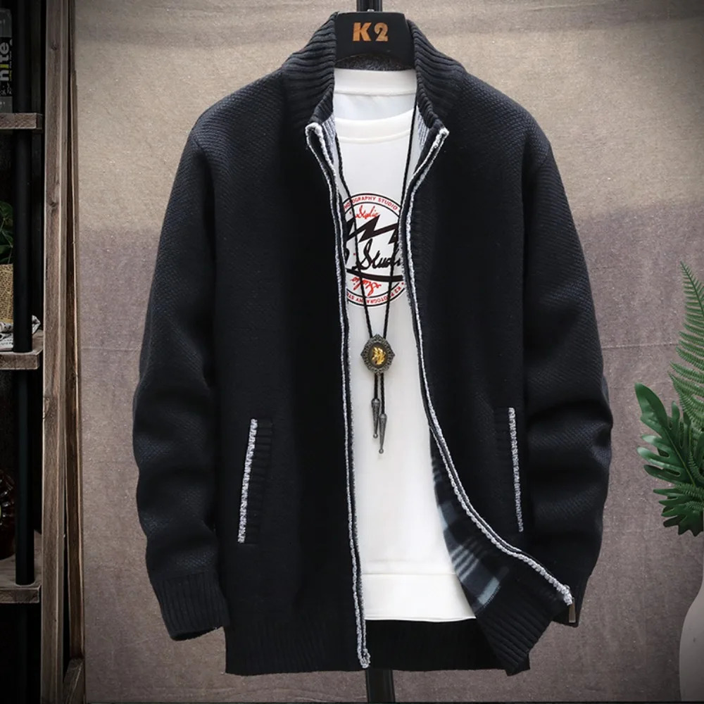 Knitted Cardigan Solid Color Sweater Men Zipper Autumn Longsleeved Jacket Warm Fleece Cardigans 250819