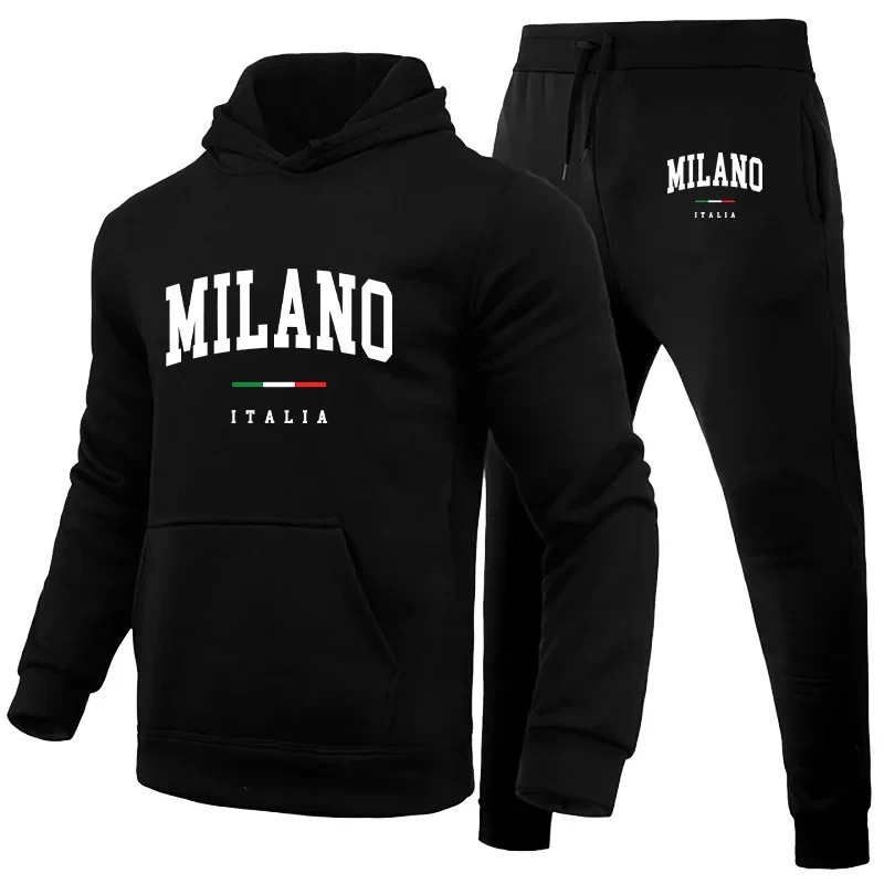 Mens Hoodie Set Milano Print Sweatshirt Sweatpant for Male Hooded Tops Jogging Trousers Suit Casual Streetwear Tracksuit 250819