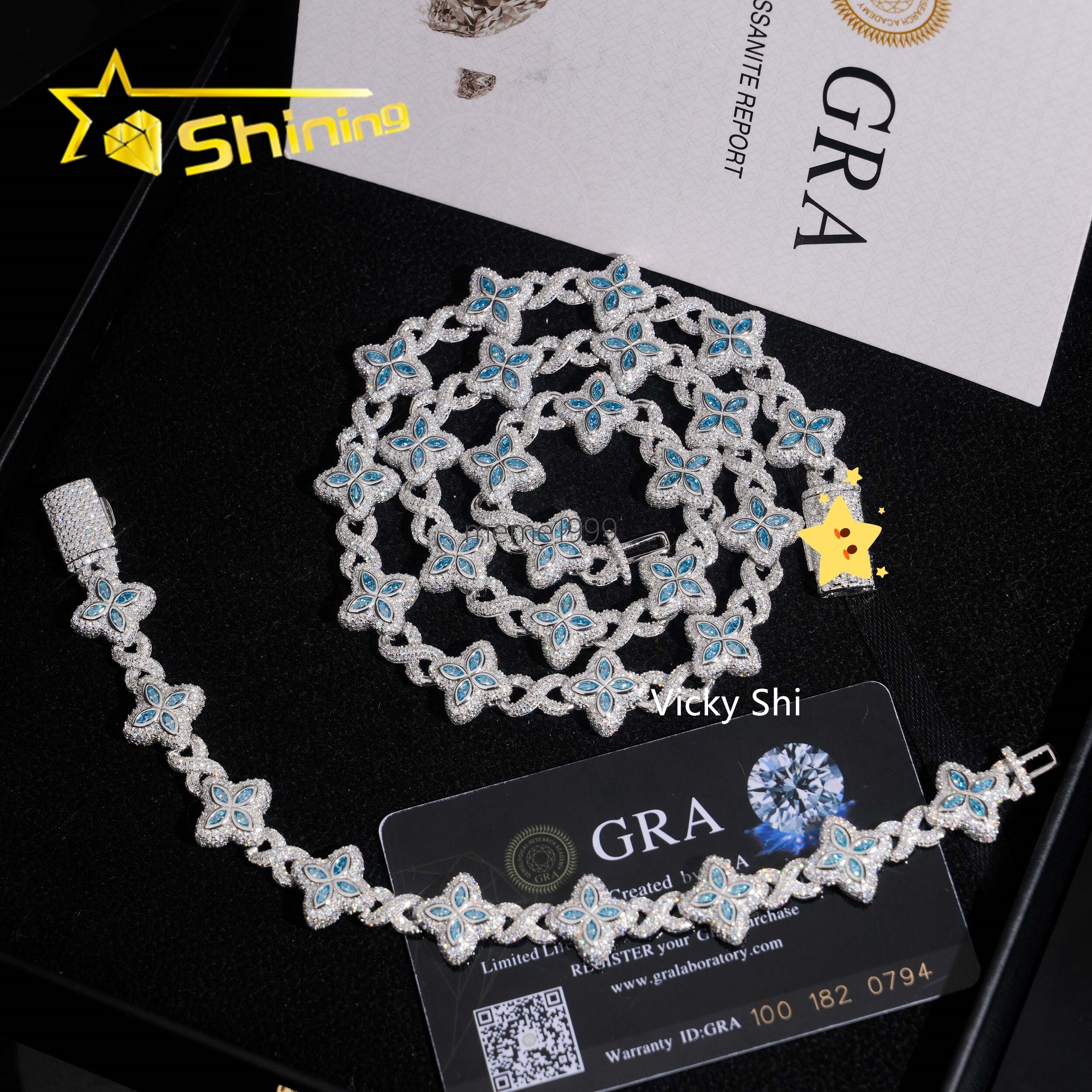 Popular Blue Color Clover Cuban Chain Moissanite Fine Jewelry Custom Iced Out 925 Silver Men Cuban Link Moissanite Necklace