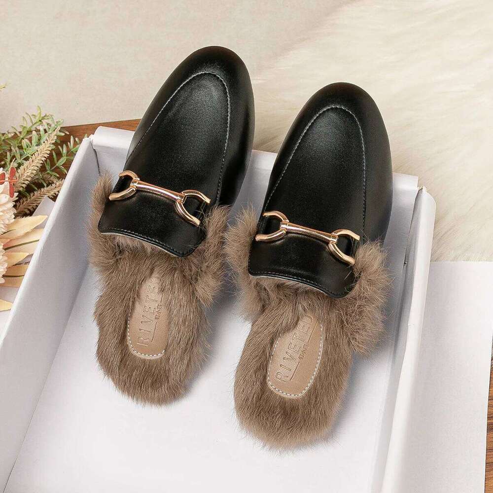 2023 Winter Women's Plush Outdoor Slippers Mules Metal British Style Genuine Fur Rabbit Flats Ladies Casual Shoes