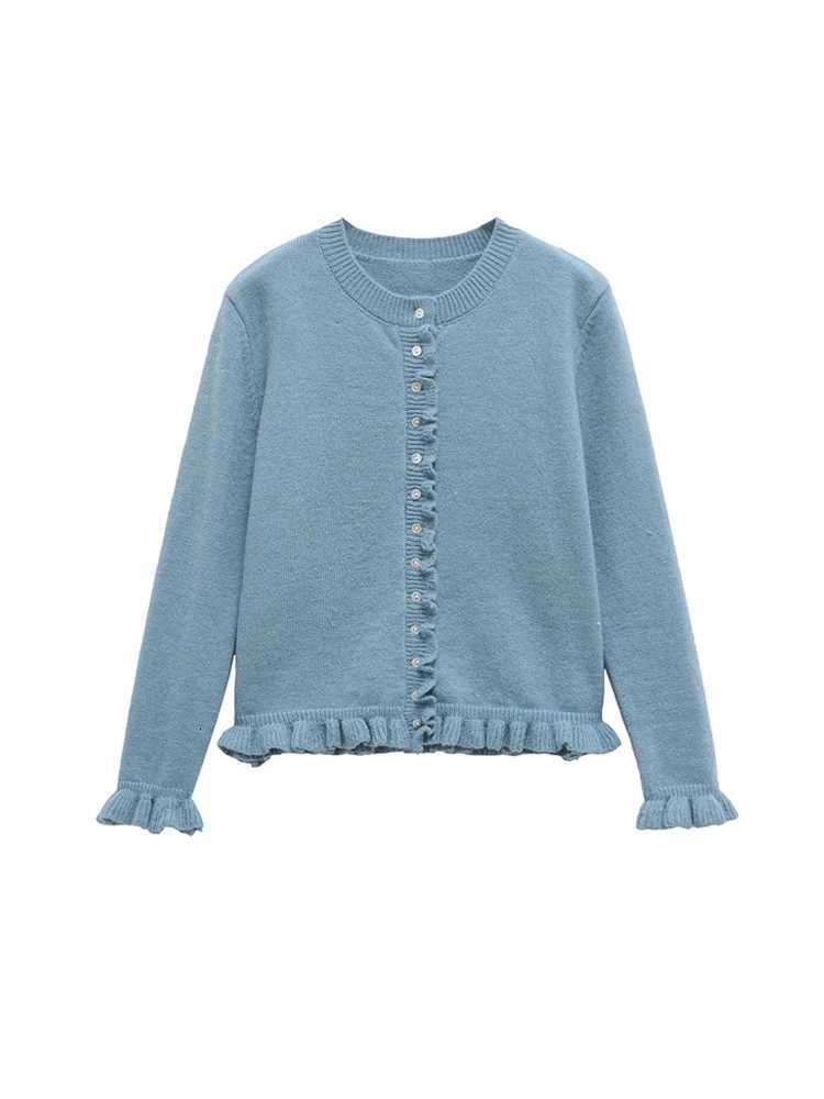 TRZA Womens Ruffled Knit Cardigan Sweater O-Neck Long Sleeve Button-Up Chic Outerwear Fashion Top XJ250819