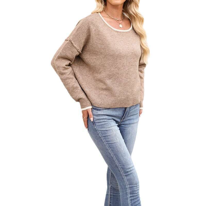 New Women's Clothing Autumn Winter Round Neck Color Block Knitted Loose Versatile Pullover Sweater B3