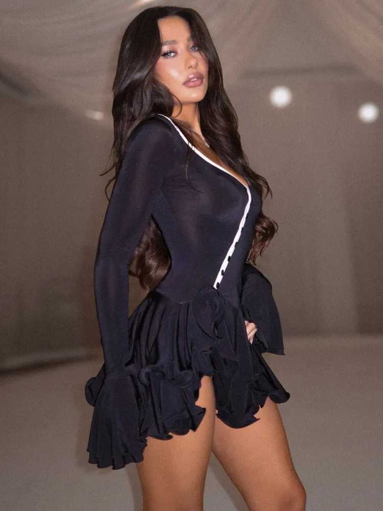 Blifanbo Flare Sleeve Ruffle Sexy V Neck Mini Dress Women Robe Irregular Single-breasted High Waist Slim A-line Club Dress M250623