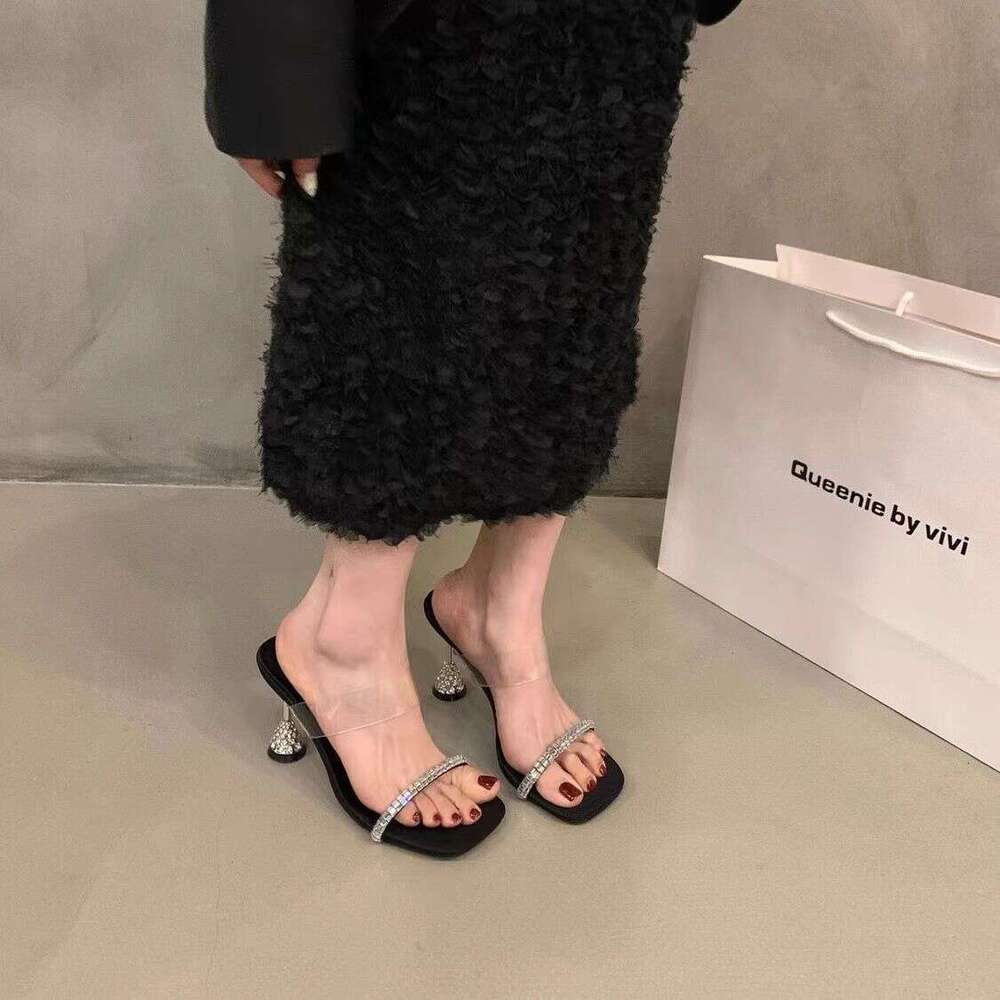 Black Transparent Shoe Rhinestone French Style Elegant High Heel Slippers Designer Shoes for Women Summer 2025 New Fashion Versatile Sandals