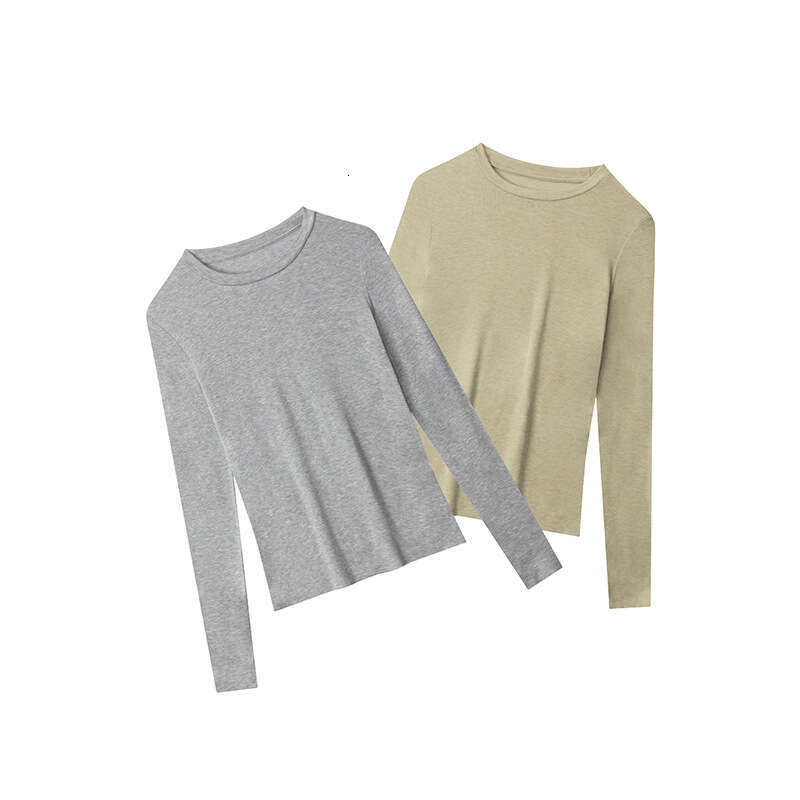 Solid Color Simple Cuff Finger Design Round Neck Long Sleeve Base Shirt Women Versatile Top Ins B5