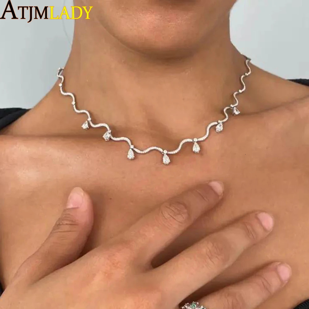 Fashion White Pink Tear Drop Cubic Zirconia Micro Pave CZ Paved Bling Wave Bar Heart Charm Choker Necklace Women Jewelry 250815