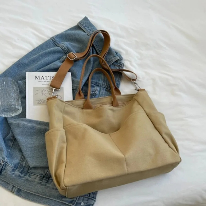 Ins Lazy Wind Canvas Big Bag Korean Version Of The Single Shoulder Crossbody Bag Female Simple Literary Solid Color 250814