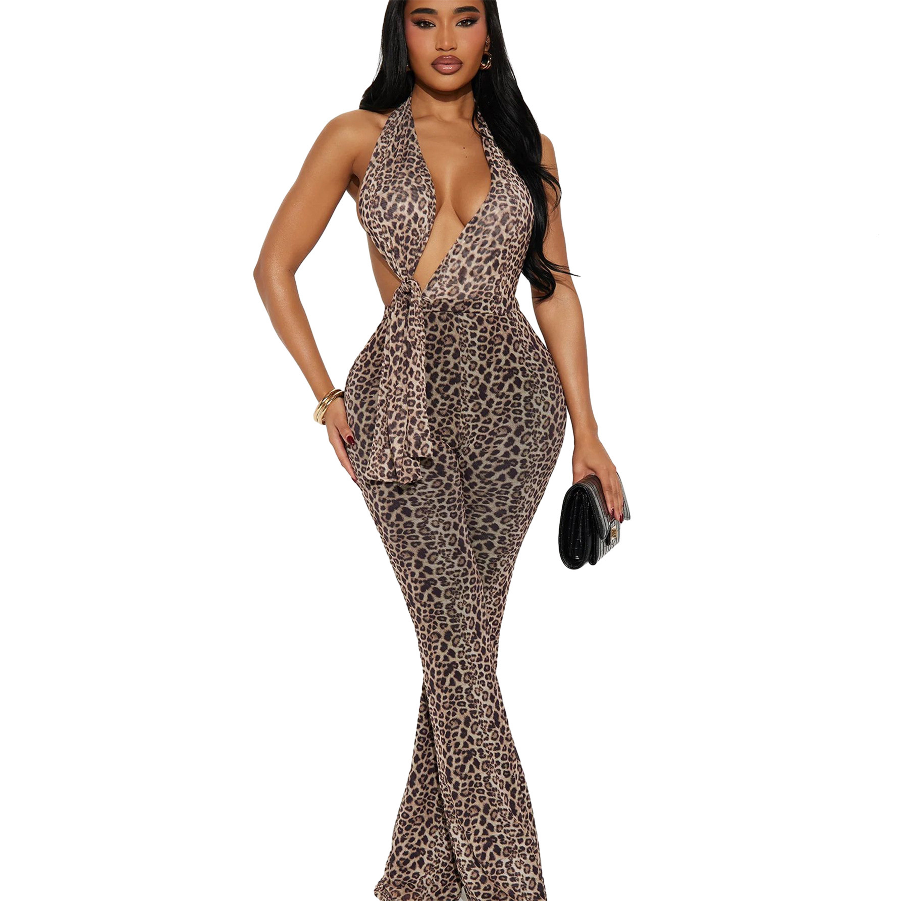 D9530 Womens Fashion Sexy Hot Girl Halter Leopard Print Backless Jumpsuit