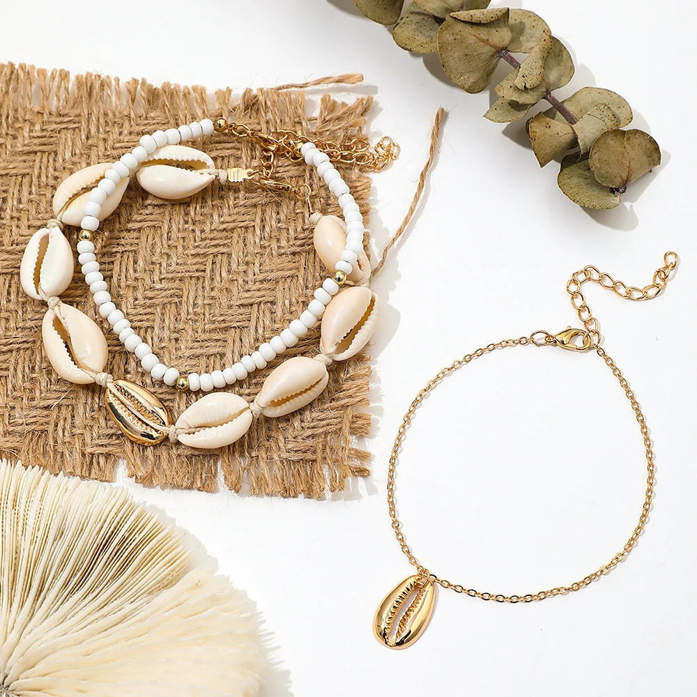 3Pcs/Set Fashion beach wind shell beaded creative personality anklet simple chain stitching small temperament ladies anklet 250815