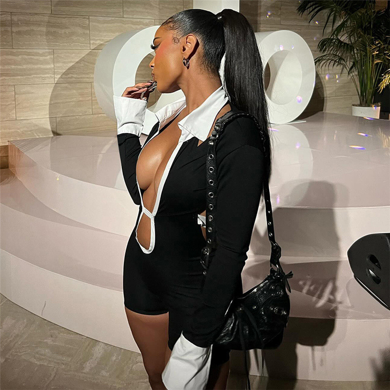 D9724 Womens Fashion Sexy Turn-down Collar Hollow Out Backless Color-block Slim Fit Jumpsuit