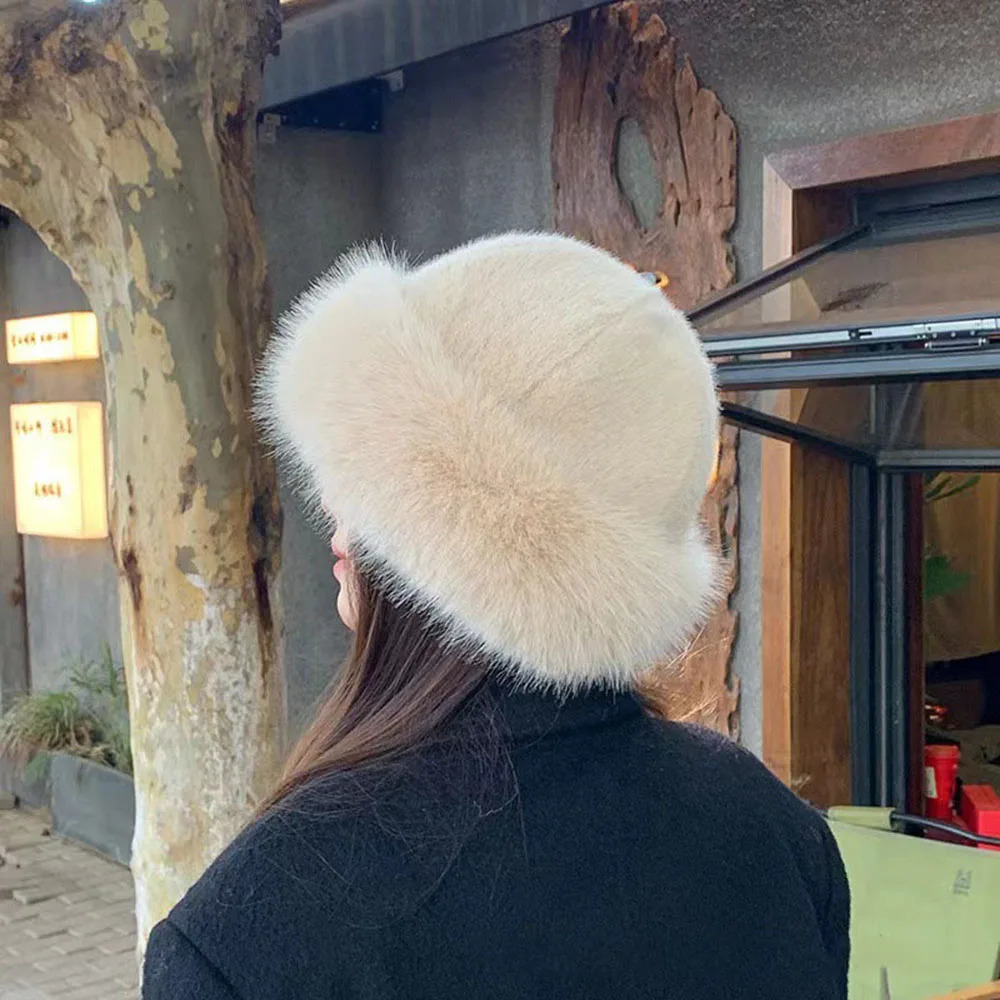 Y2K Fluffy Faux Fur Bucket Hat Women Rabbit Fur Warm Thick Plush Winter Hat Lady Fashion Furry Panama Fisherman Cap 250819