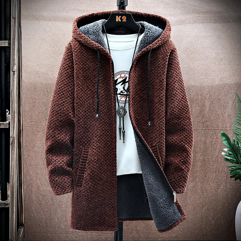Mens Cardigan Cashmere Long Coat Sweaters with Hoods Autumn Winter Fleece Warm Solid SweaterCoat Windbreaker Men Clothing 250819