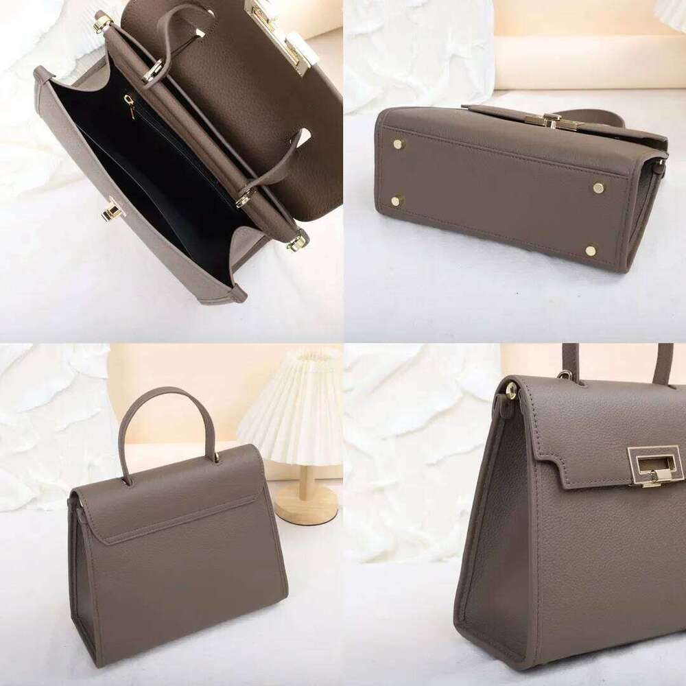 Niche Lock Design Cross Pattern Cowhide Leather Ladies Shoulder Messenger Bag Grey Office Lady Trapezoidal Handbag Green