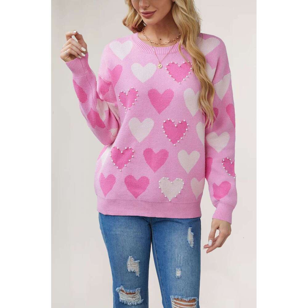 Winter New Valentine's Day Heart Peach Pullover Round Neck Handmade Beaded Craft Knit Sweater B5