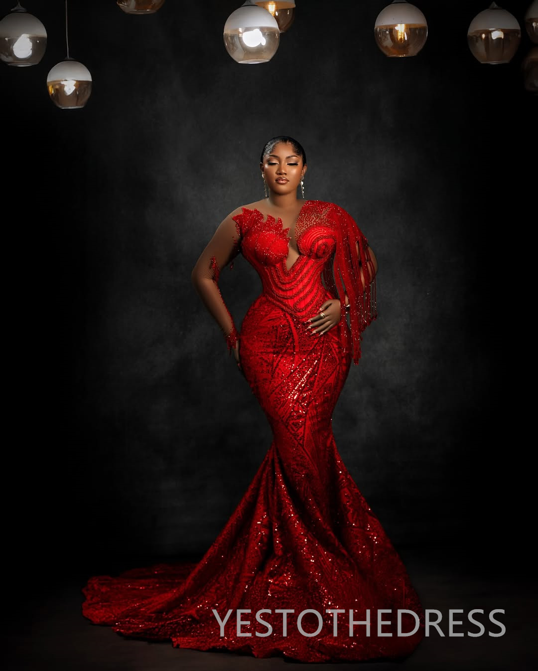 Plus Size Red Mermaid Prom Dress 2025 Evening Dresses Robe De Sorrie Sheer Neck Illusion Beaded Lace Tassel Birthday Dress Second Reception Gowns AM26