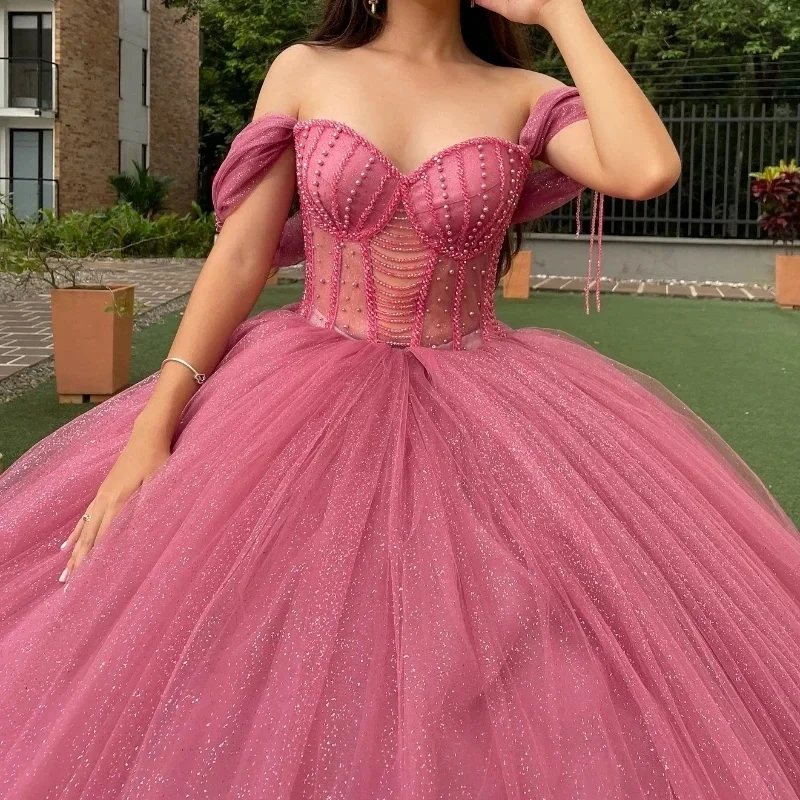Pink Shiny Ball Gown Quinceanera Dresses Off The Shoulder Beading Pearl Tull Corset Vestidos 15 De Anos Sweet 16 Dress