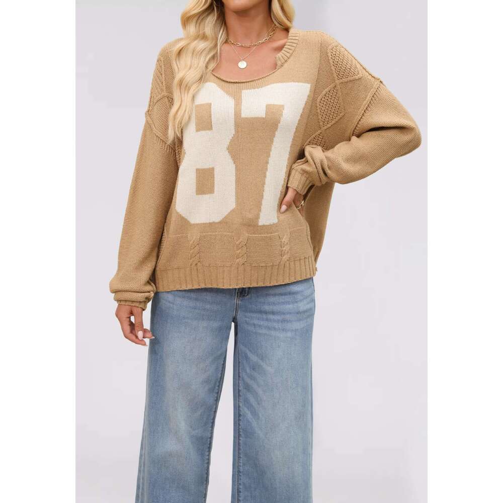 New Women's Autumn Winter Digital Color Block Knitted Pullover Loose Long Sleeve Sweater B3