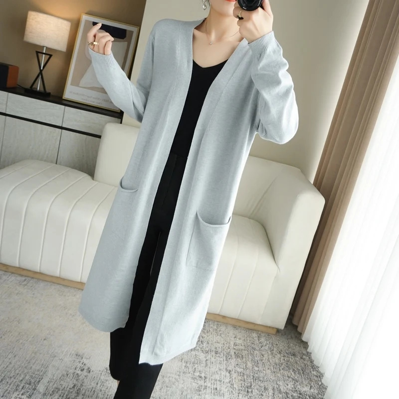 YSC style Women Knitted Cashmere wool blend Cardigan V collar Super long Buttonless pocket trim Highquality 250819