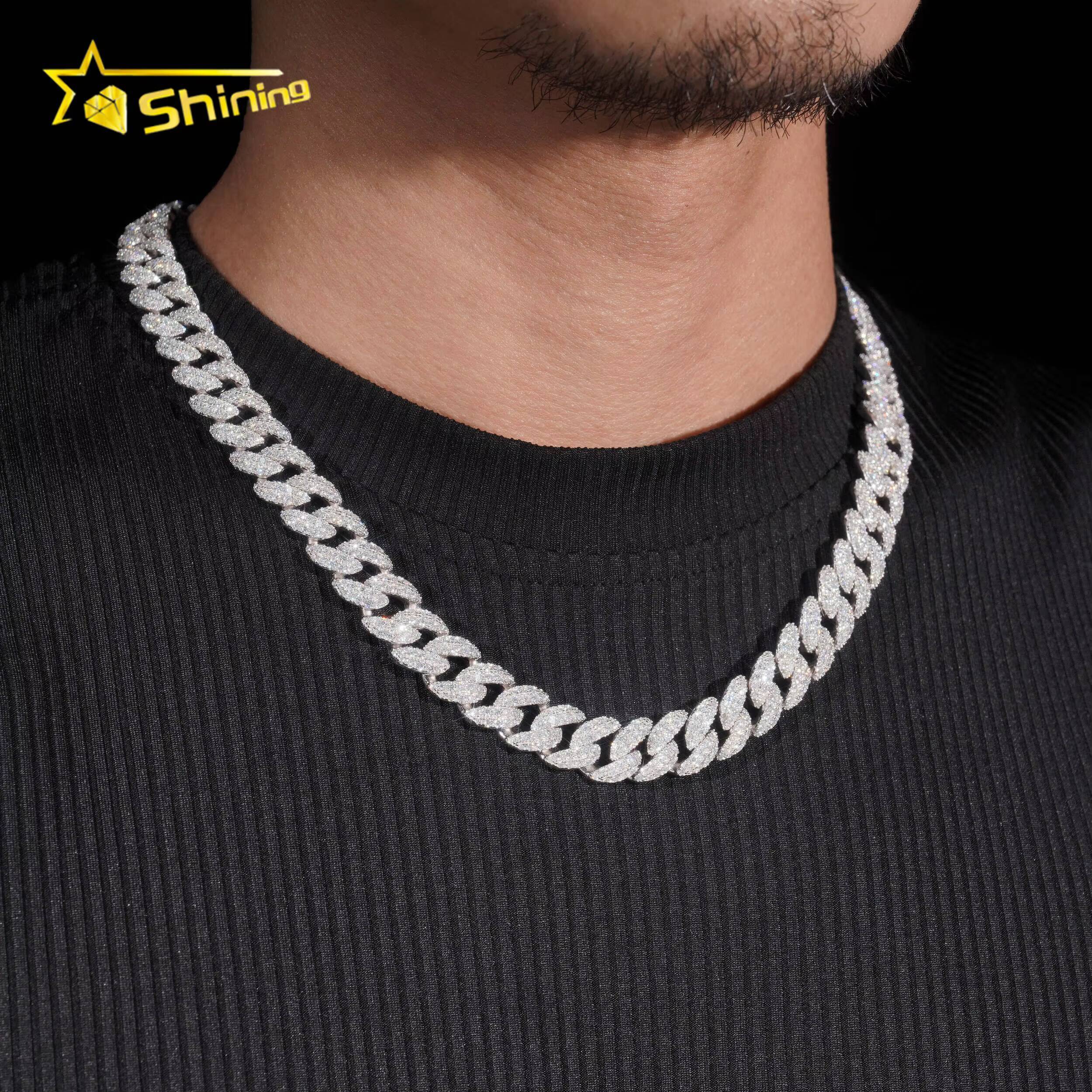 Promotion Sales Hip Hop Jewelry 12mm Width Moon Shape VVS Moissanite Cuban Link Chain 925 Sterling Silver Iced Out Men Necklace