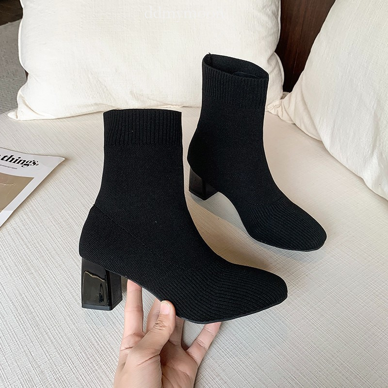 Women's Slim 2025 Autumn Winter New Pointed Toe Black Chunky High Heel Mid-Calf Sock Fly Knit Stretch Boots ddmymoon